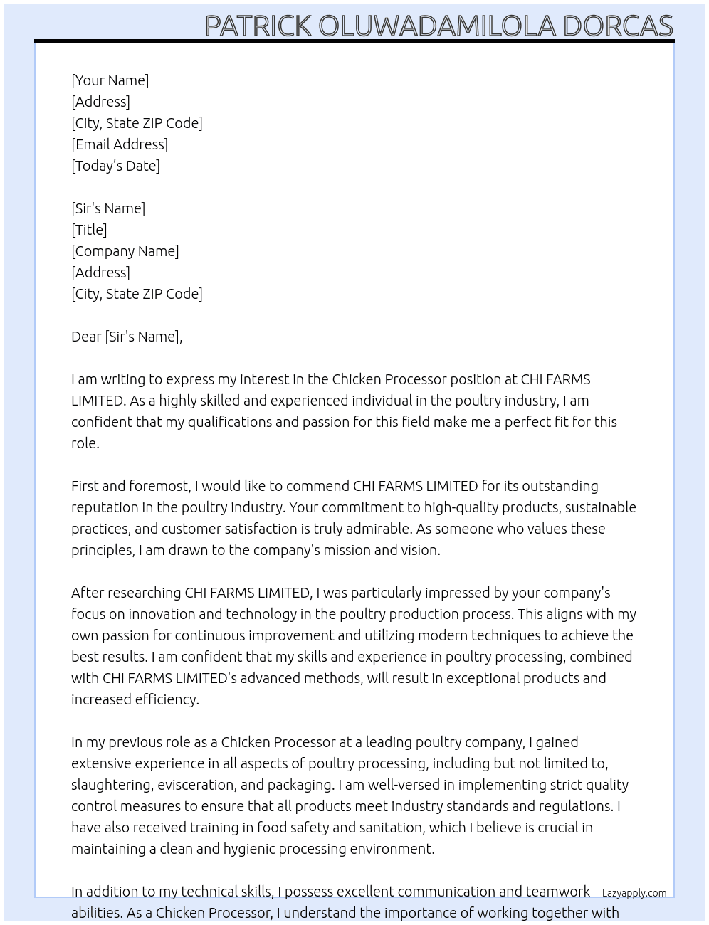 Chicken processor At CHI FARMS LIMITED Cover Letter