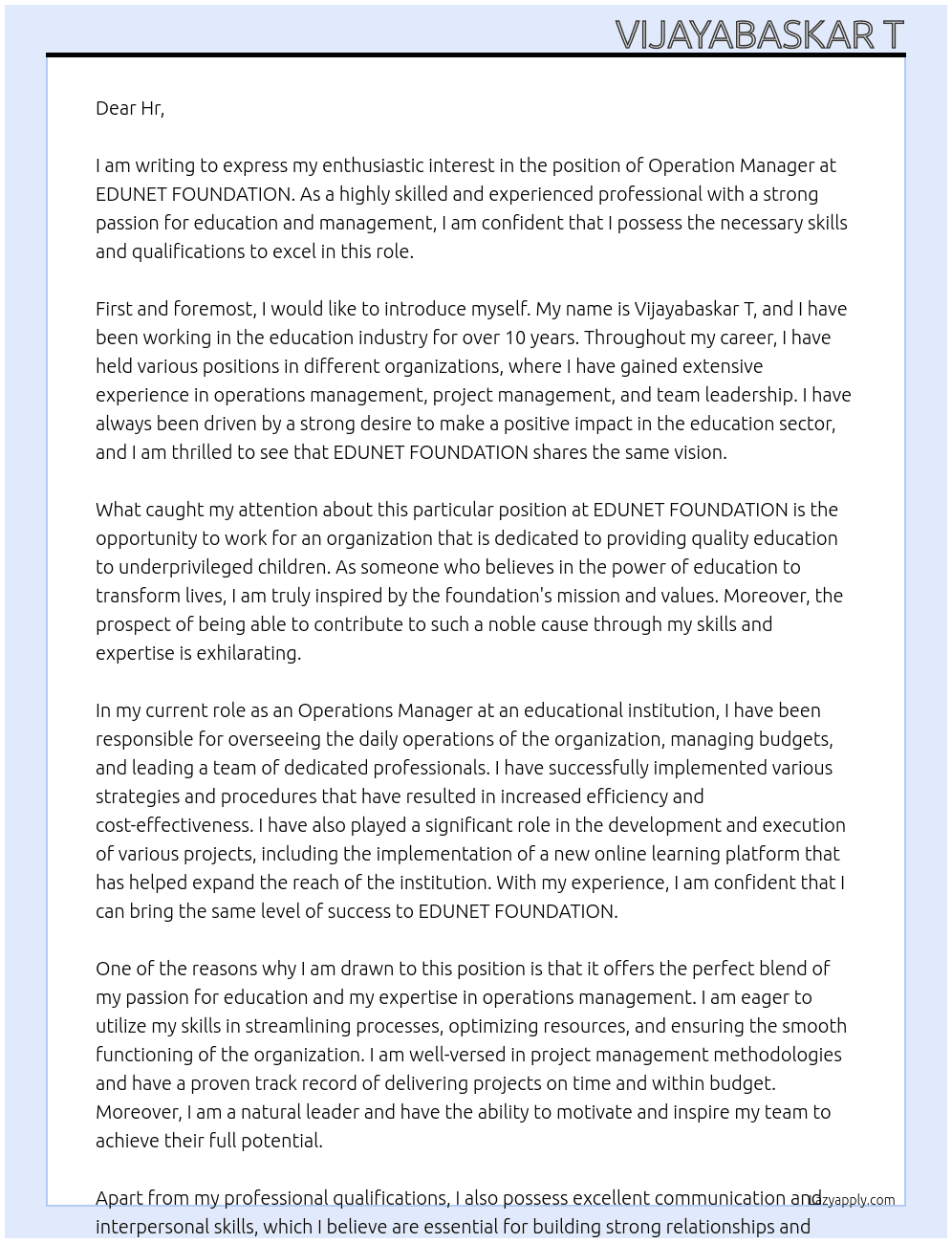 Operation manager  At EDUNET FOUNDATION  Cover Letter