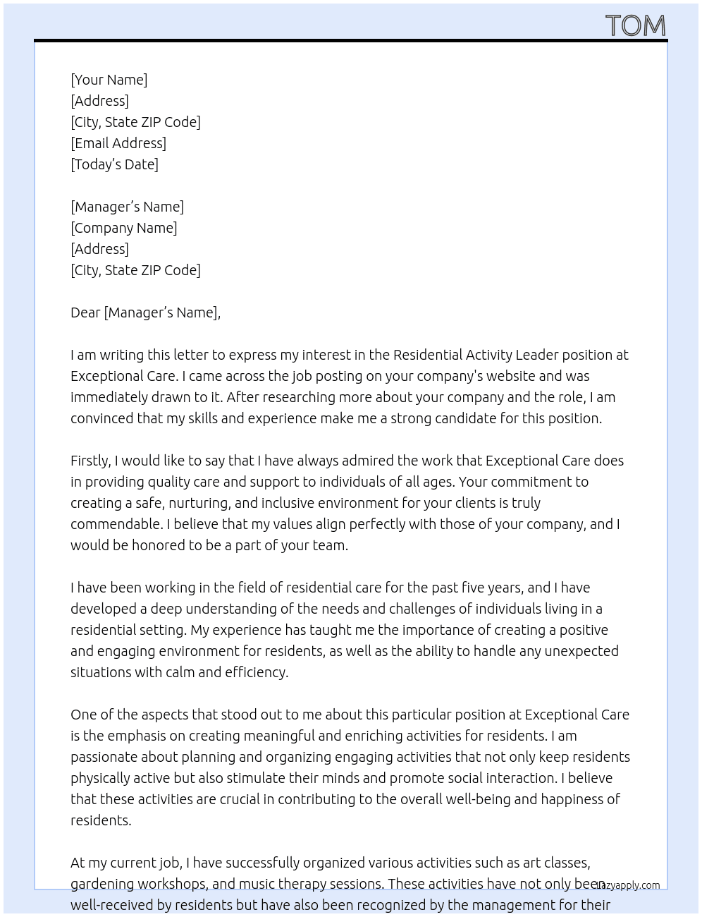 residential activity leader At exceptional care Cover Letter
