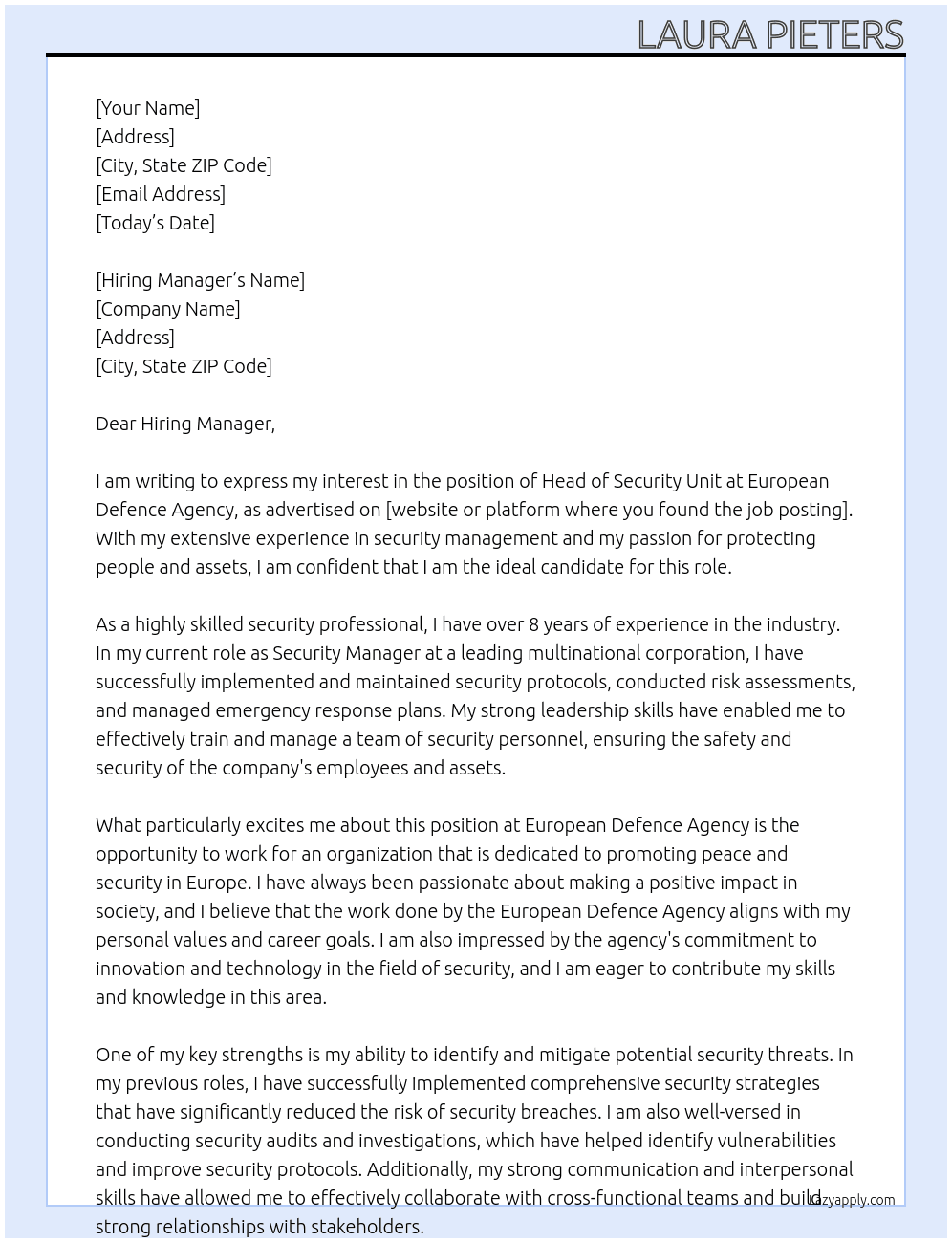 Head of Security Unit At European Defence Agency Cover Letter