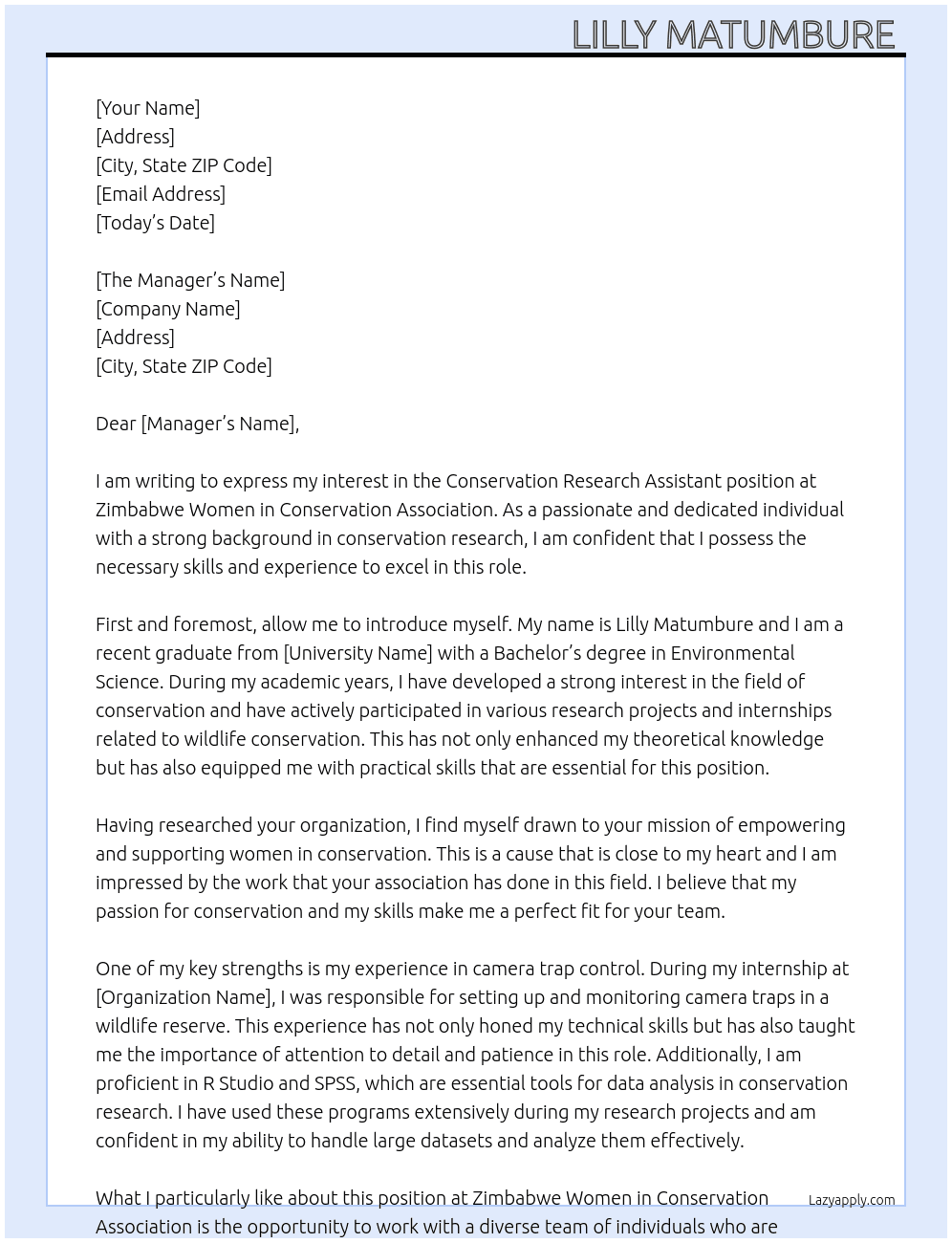 Conservation research assistant  At Zimbabwe Women In Conservation Association Cover Letter