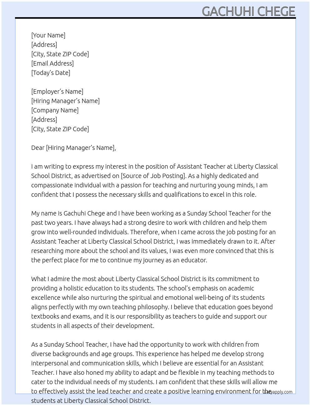 assistant teacher At Liberty Classical School District  Cover Letter