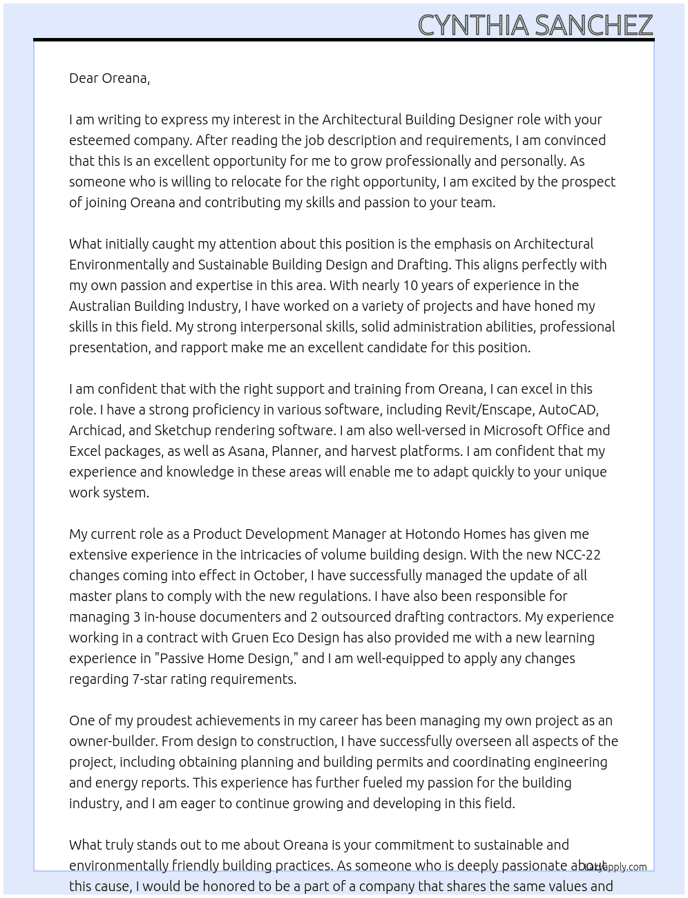 Architectural Building Designer At Oreana Cover Letter