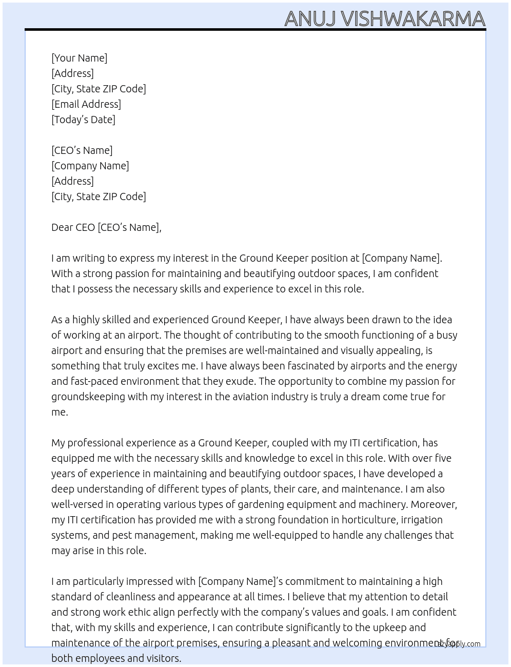 Ground keeper At Air port Cover Letter