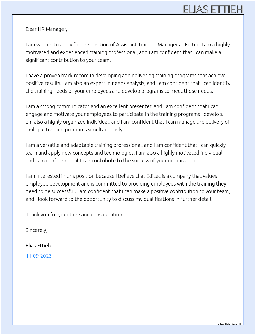Assistant Training Manager At Editec Cover Letter