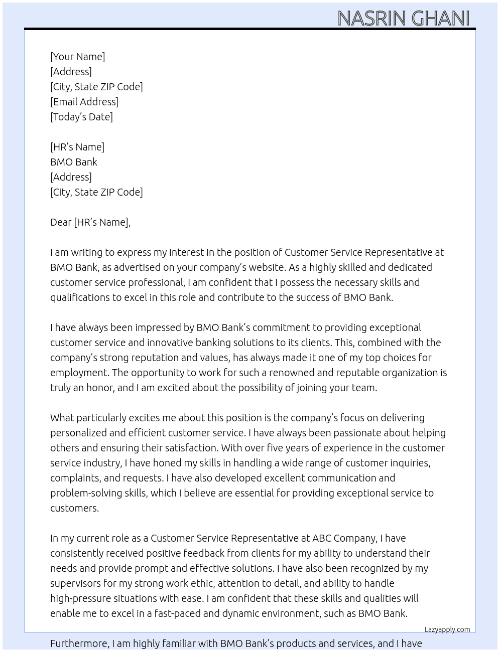 Customer Service Representative At BMO Bank  Cover Letter