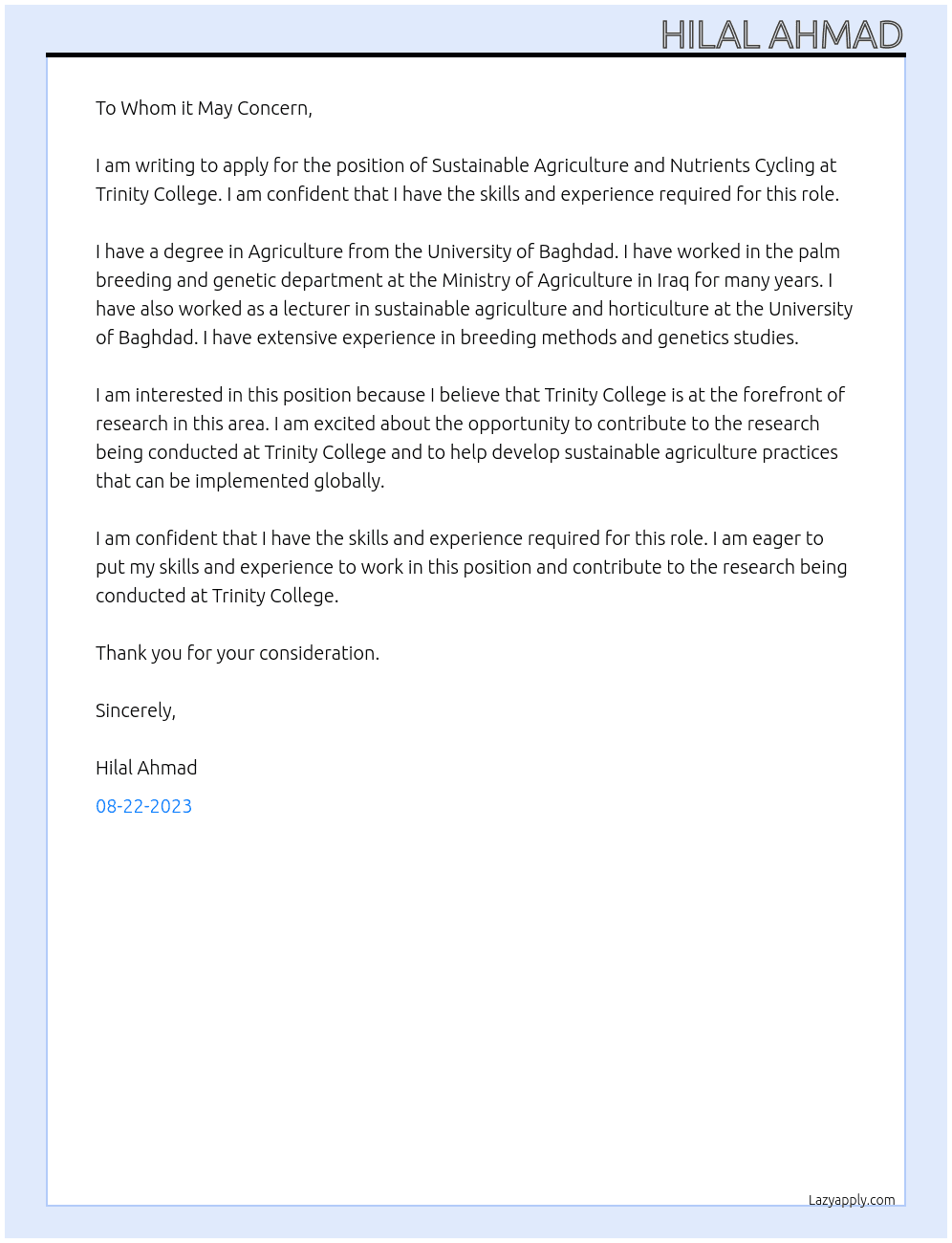 Sustainable agriculture and nutrients cycling  At Trinity college Cover Letter