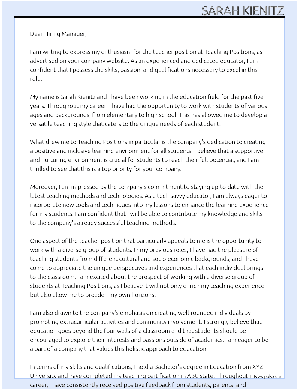 teacher At teaching positions Cover Letter