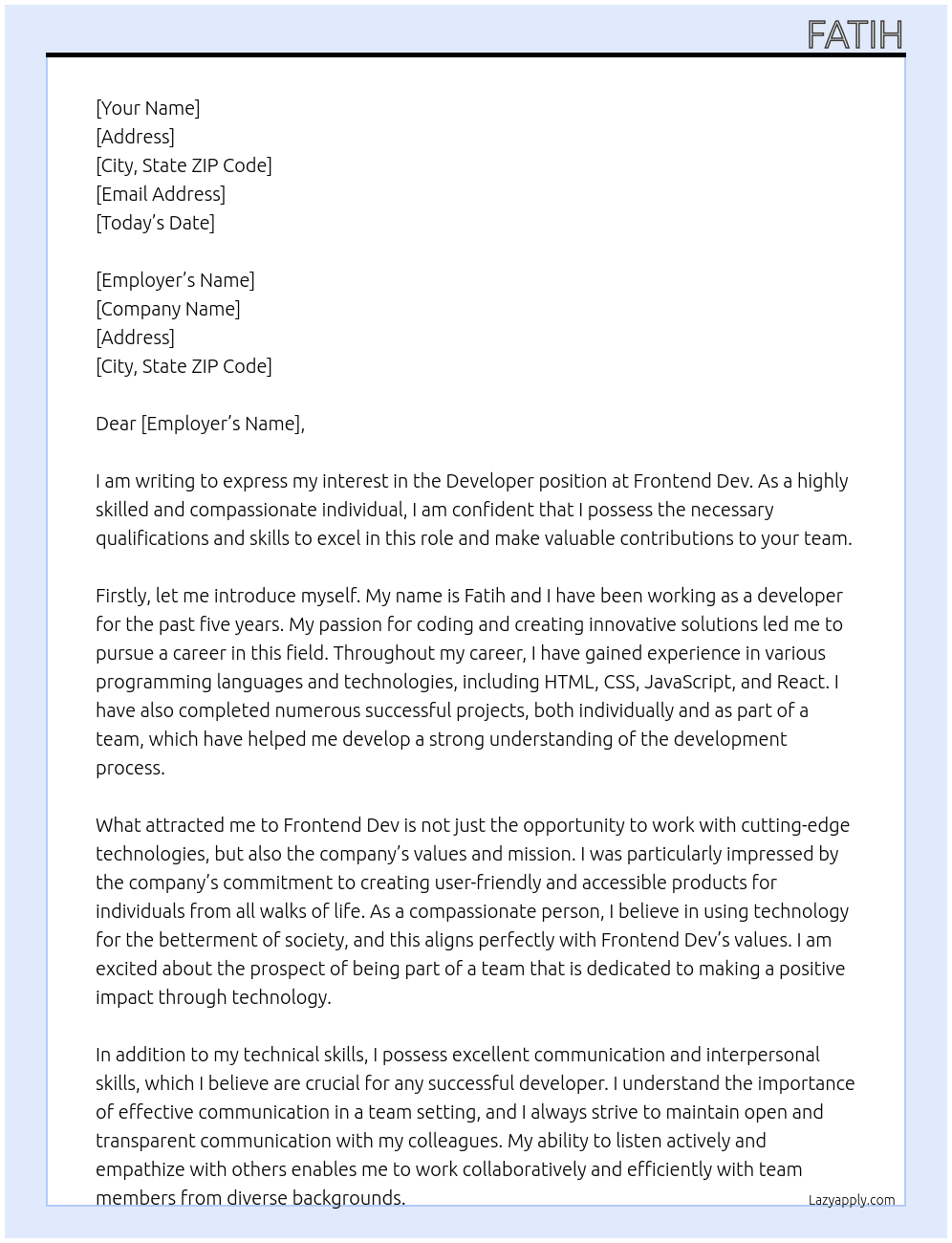 developer At frontend dev Cover Letter