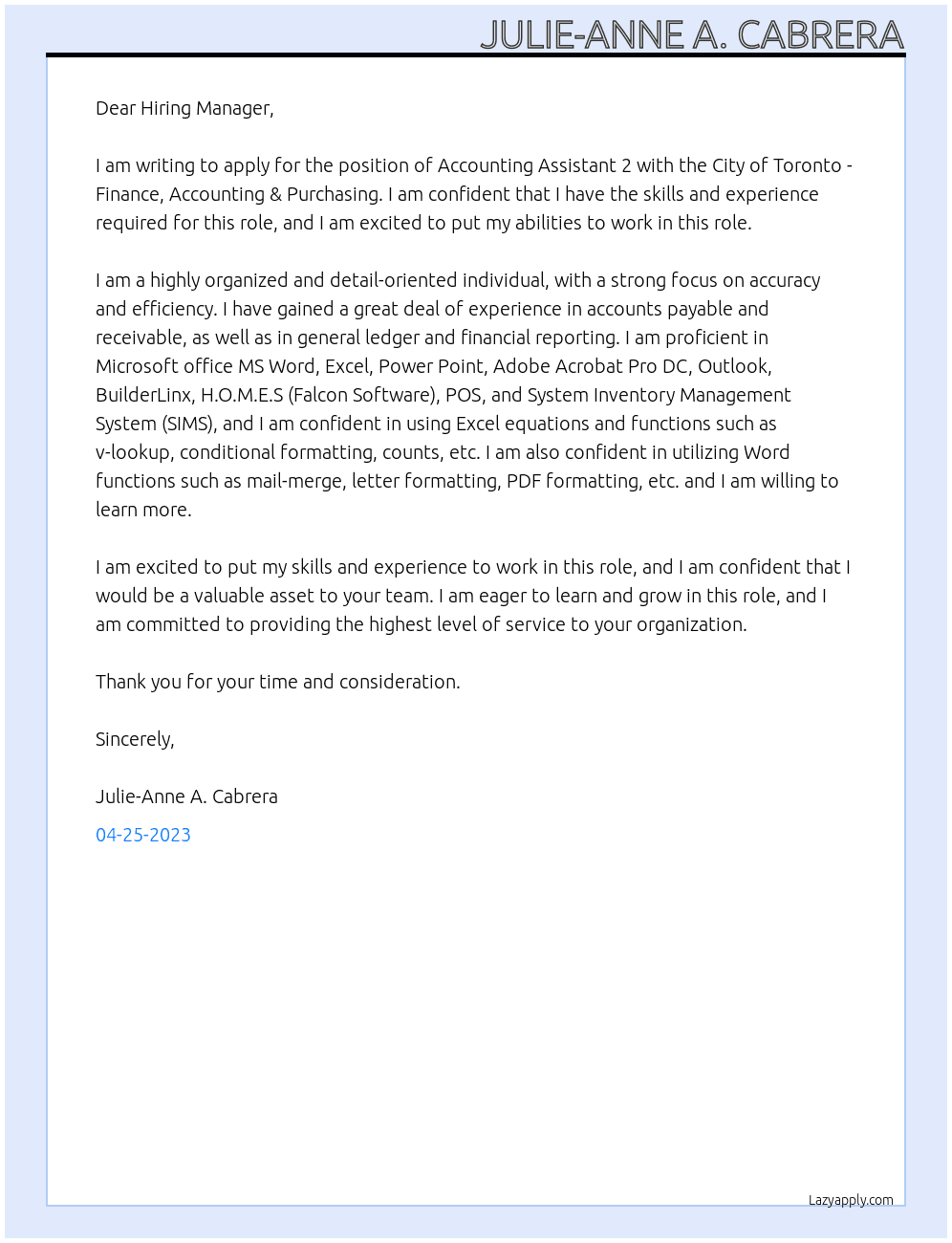 Accounting Assistant 2 At City of Toronto - Finance, Accounting & Purchasing Cover Letter