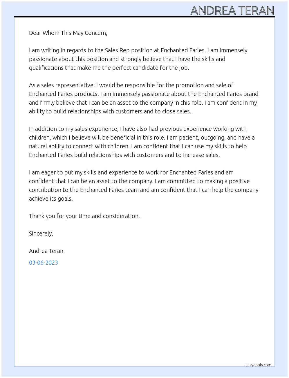 Sales Rep At Enchanted Faries Cover Letter