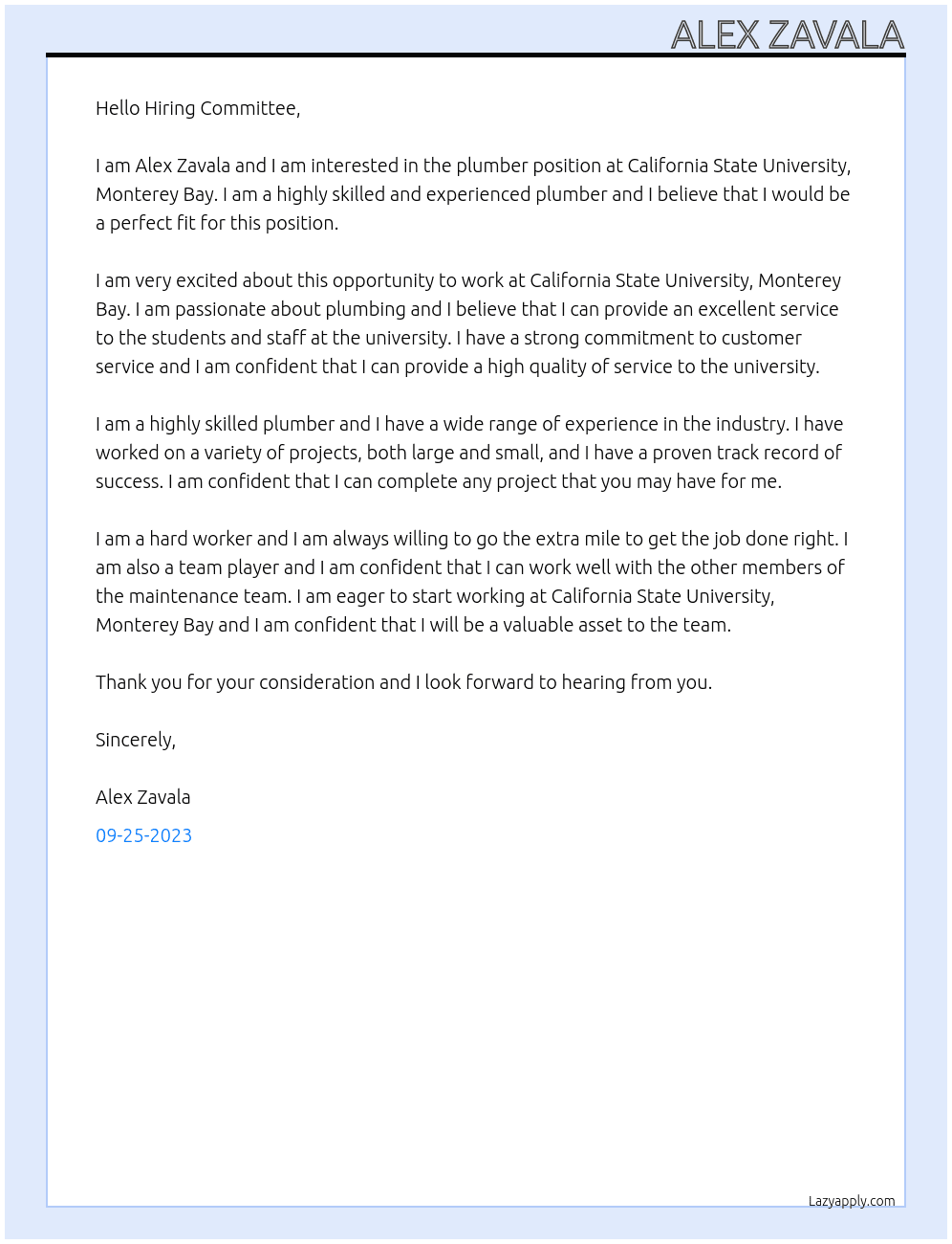 Plumber At California State University, Monterey Bay Cover Letter