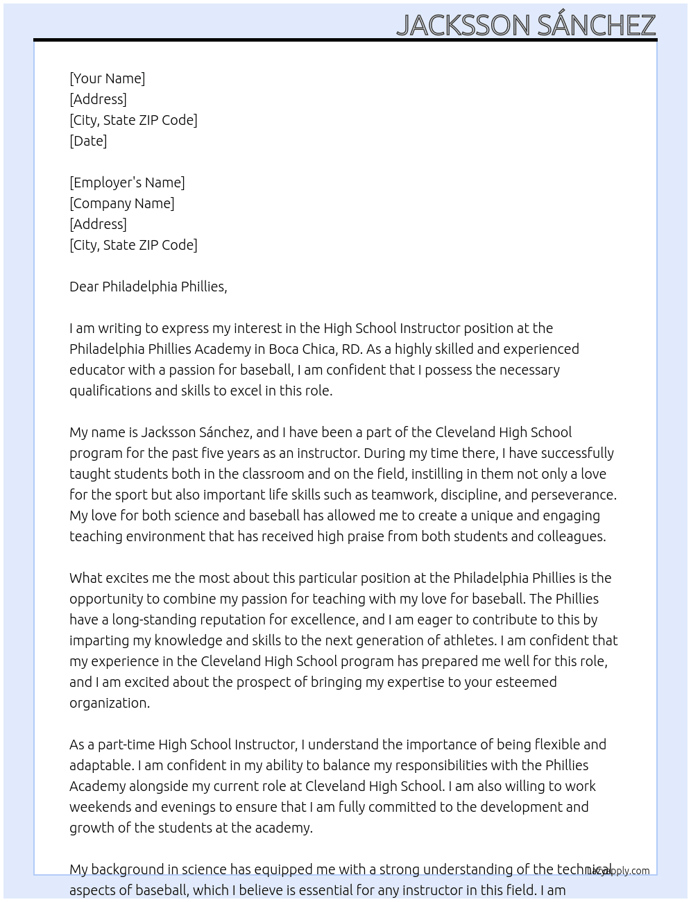 High School Instructor At Philadelphia Phillies Cover Letter