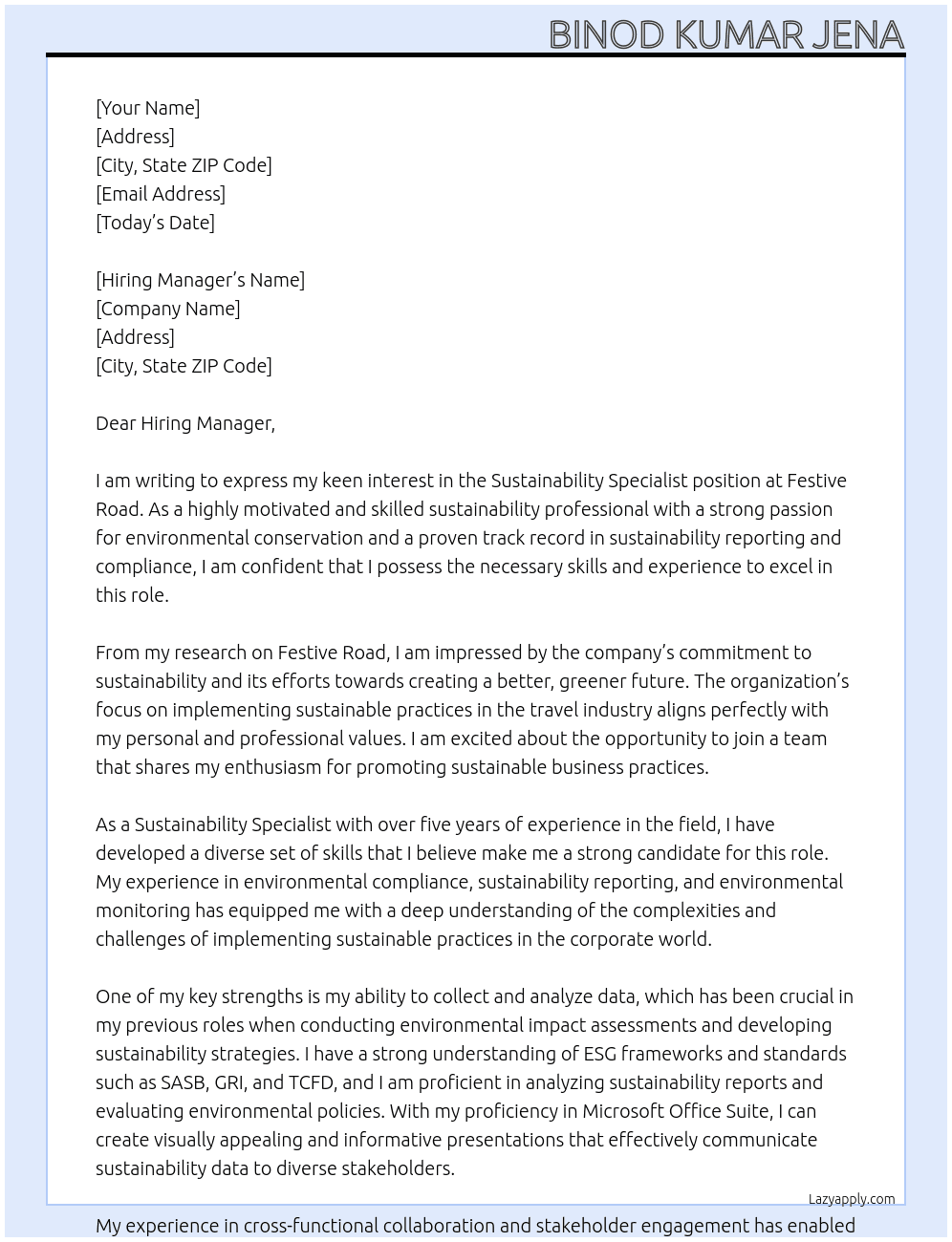 Sustainability Specialist At Festive Road Cover Letter