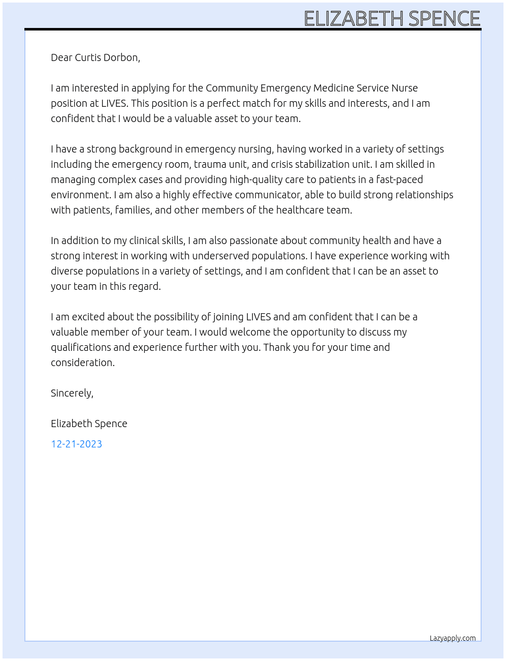 Community Emergency Medicine Service Nurse At LIVES Cover Letter