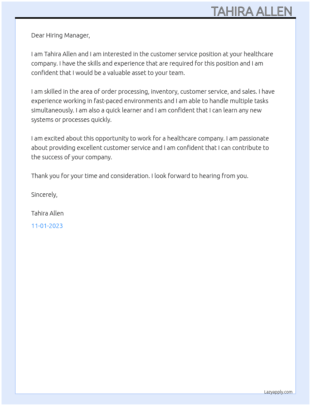Customer service  At  healthcare company l Cover Letter