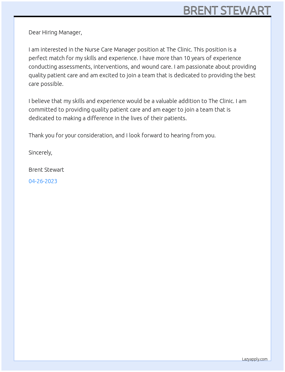 Nurse Care Manager At The Clinic Cover Letter