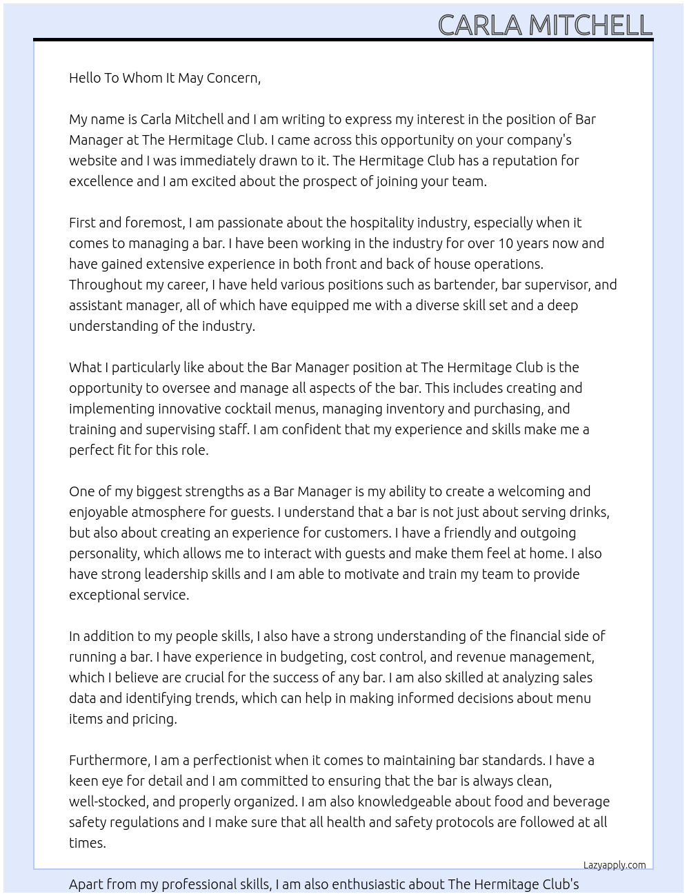 Bar Manager At The Hermitage Club Cover Letter