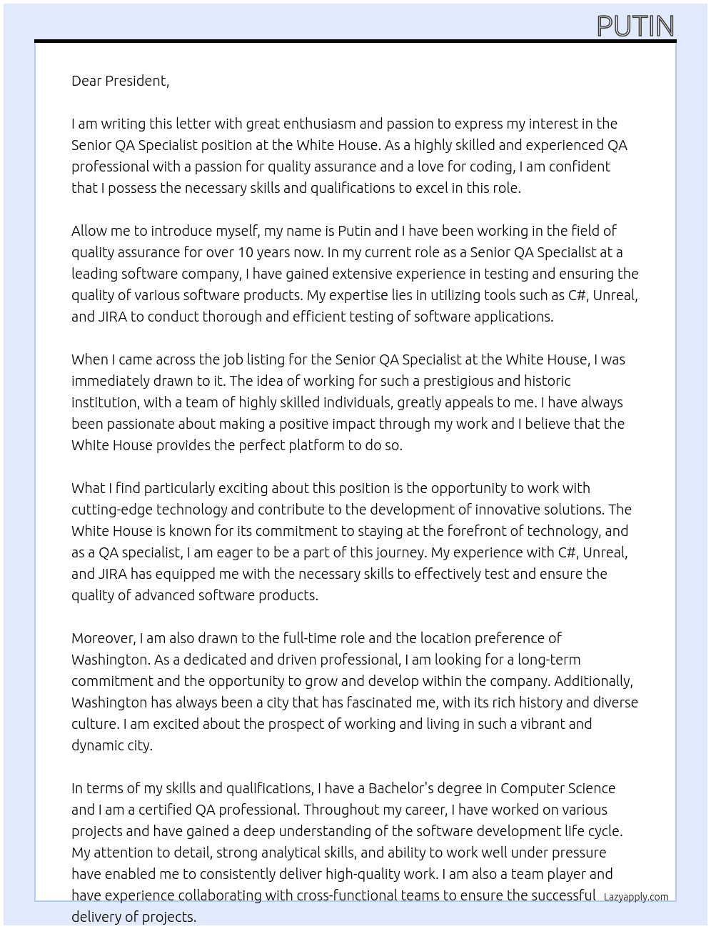 Senior qa specialist At White house Cover Letter