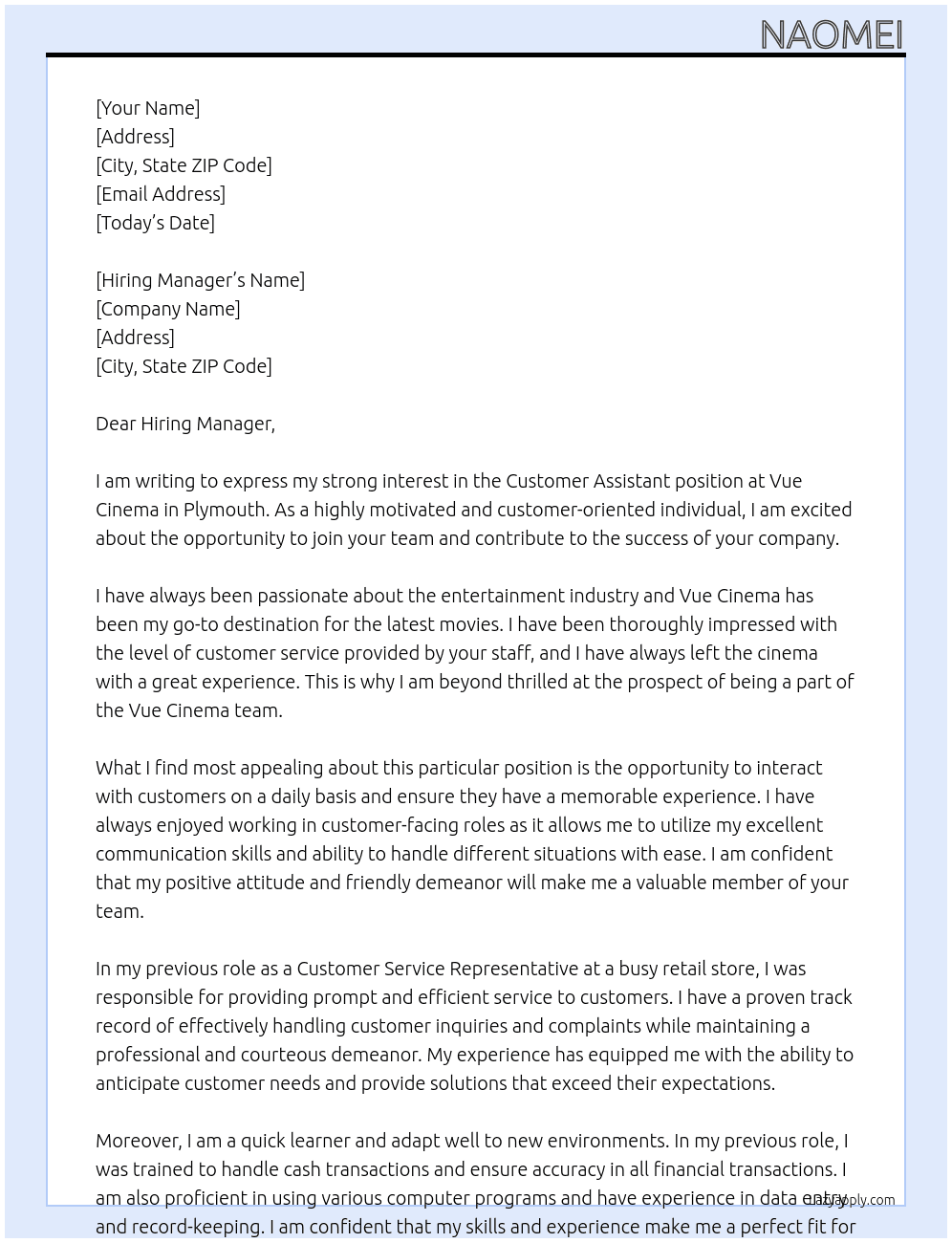Customer Assistant At Vue Cinema Cover Letter