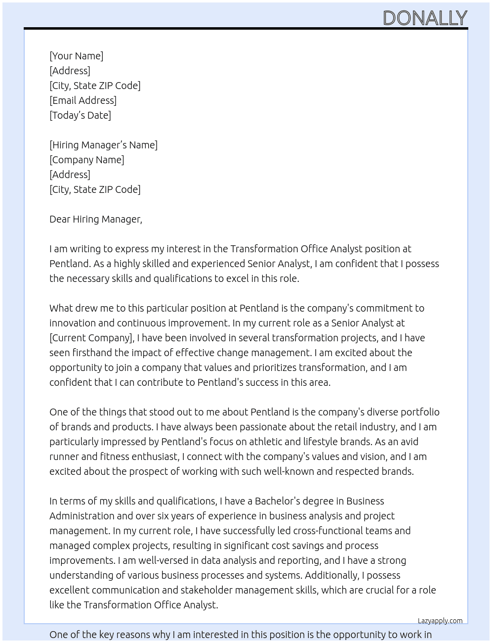 Transformation Office Analyst At pentland Cover Letter