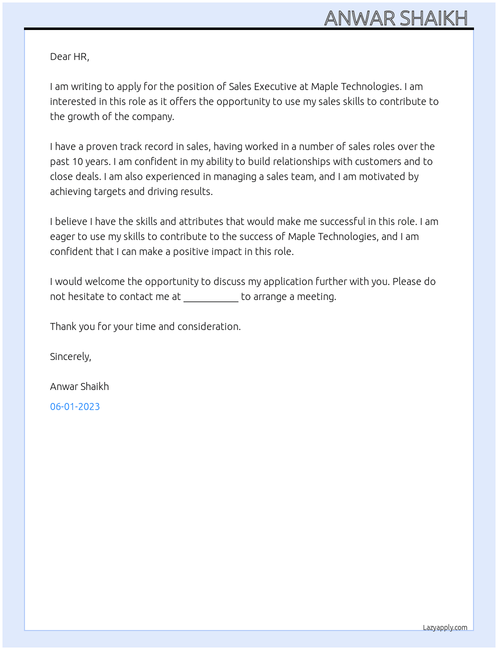 Sale executive  At Maple technologies  Cover Letter