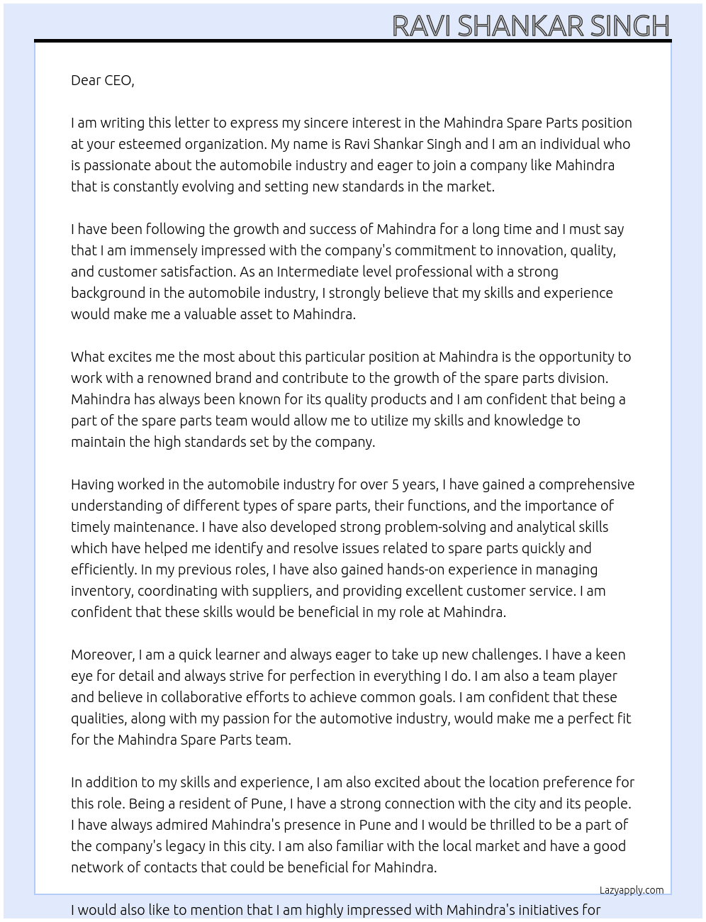 Cover letter for mahindra spare parts - LazyApply