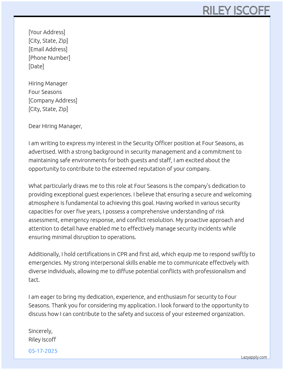 Security Officer  At Four Seasons Cover Letter