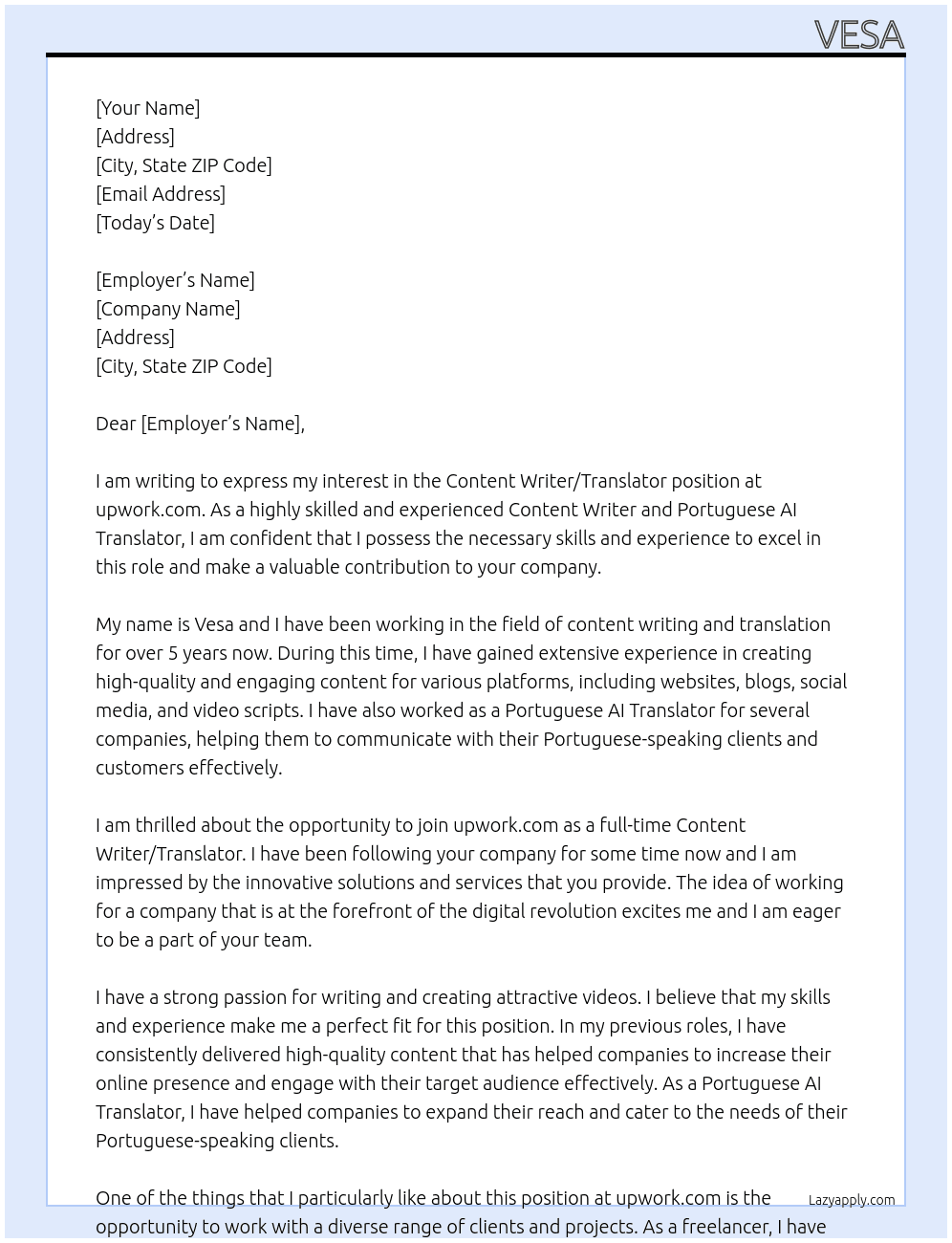 Content writer/ translater At upwork.com Cover Letter