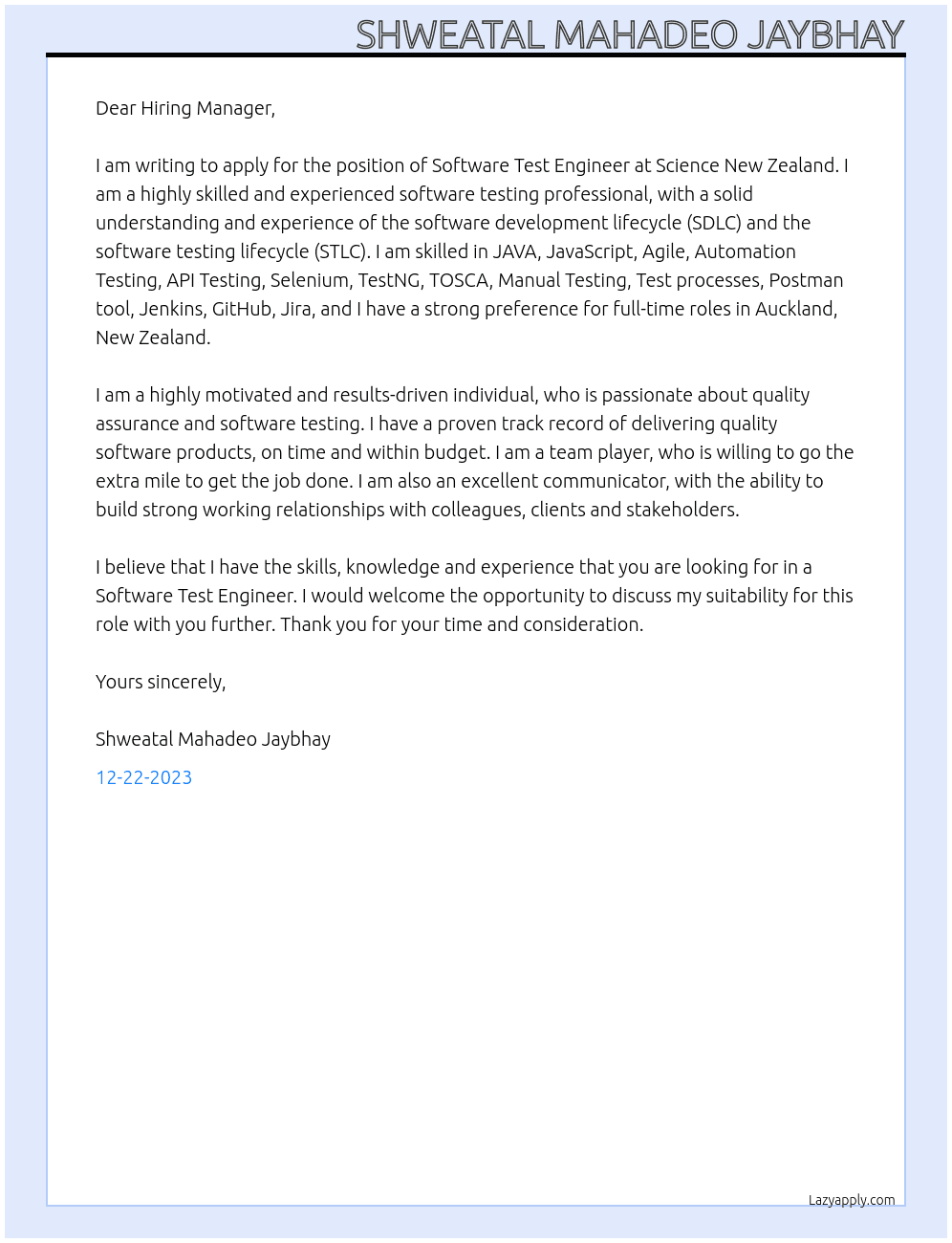 Software Test Engineer - 53406 At Science New Zealand Cover Letter