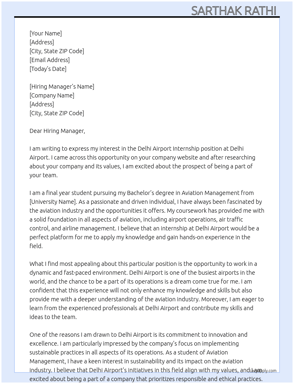 delhi airport internship At delhi airport  Cover Letter