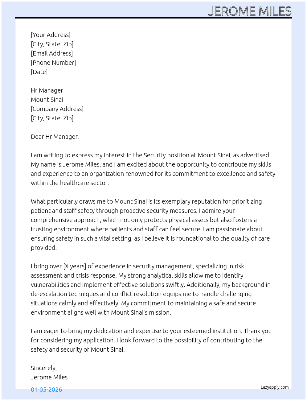 Security  At Mount Sinai Cover Letter