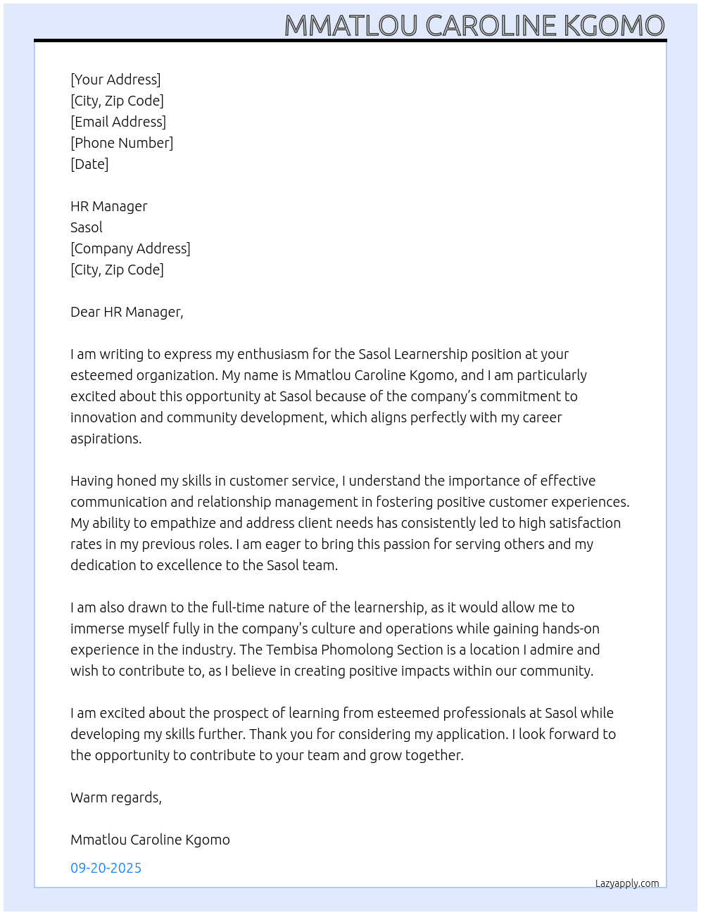 Cover letter for sasol leanership - LazyApply