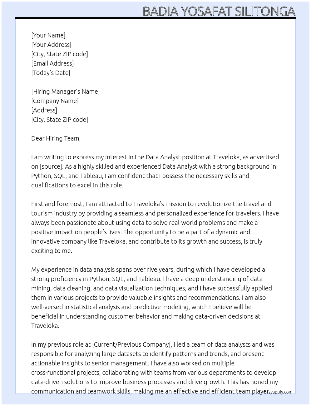 Data Analyst At Traveloka Cover Letter