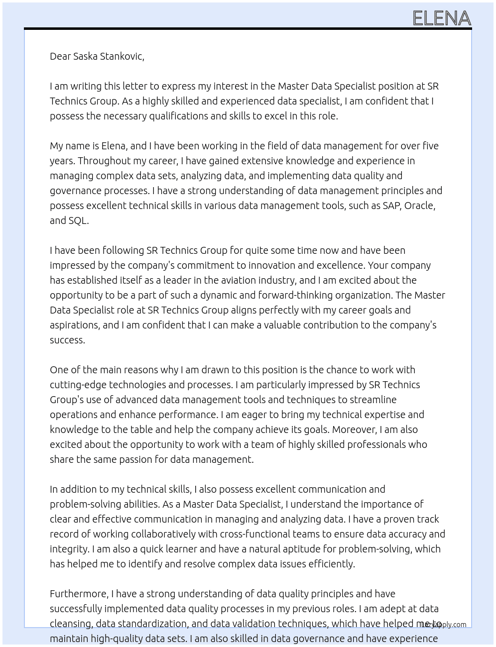 Master Data Specialist At SR Technics Group Cover Letter