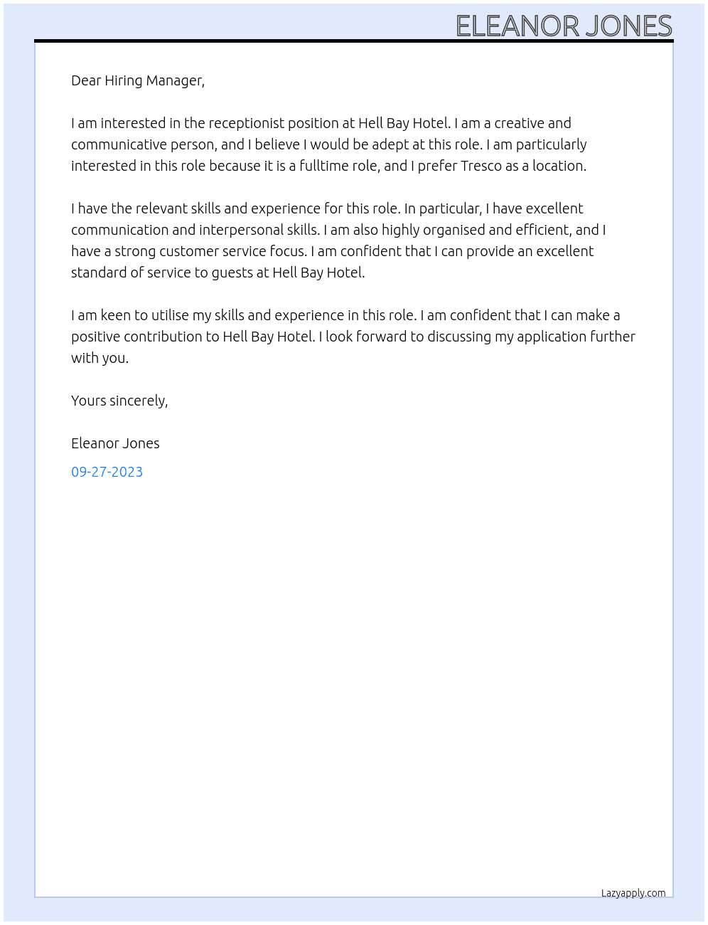 Receptionist At Hell Bay Hotel Cover Letter