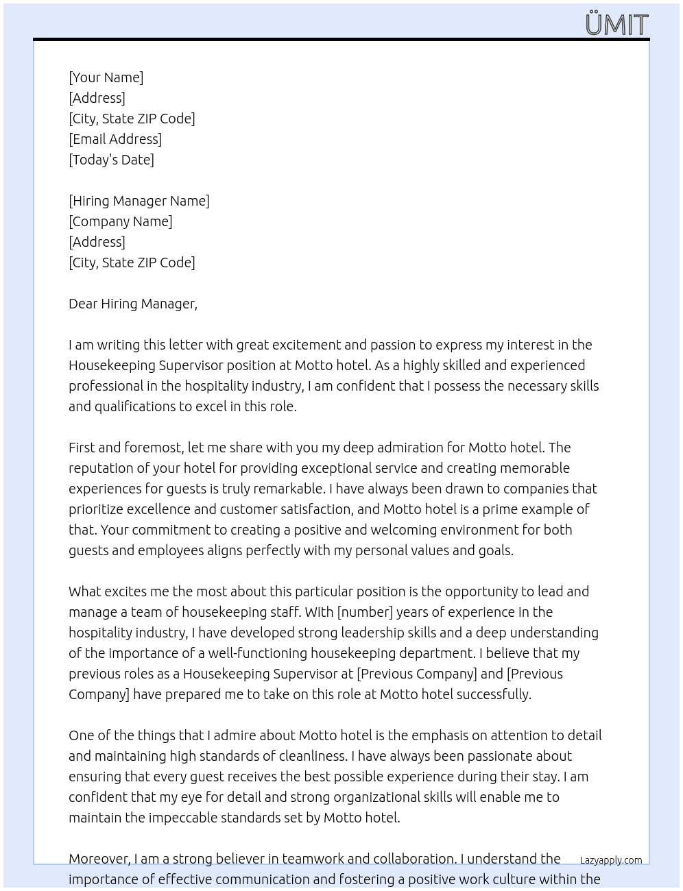 Housekeeping Supervisor At Motto hotel Cover Letter