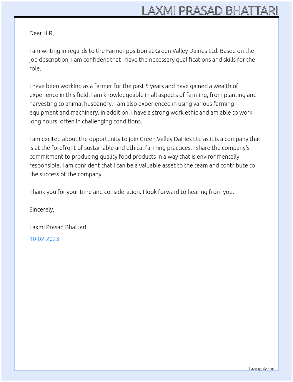 Farmer At Green Valley Dairies Ltd Cover Letter