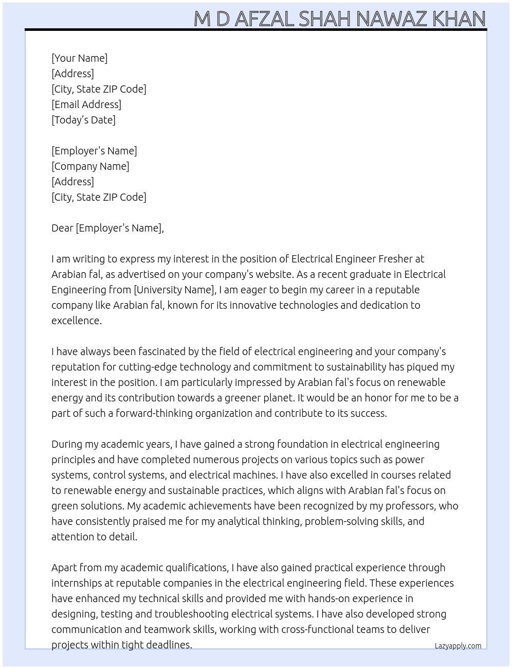 Electrical Engineer Fresher At Arabian fal Cover Letter