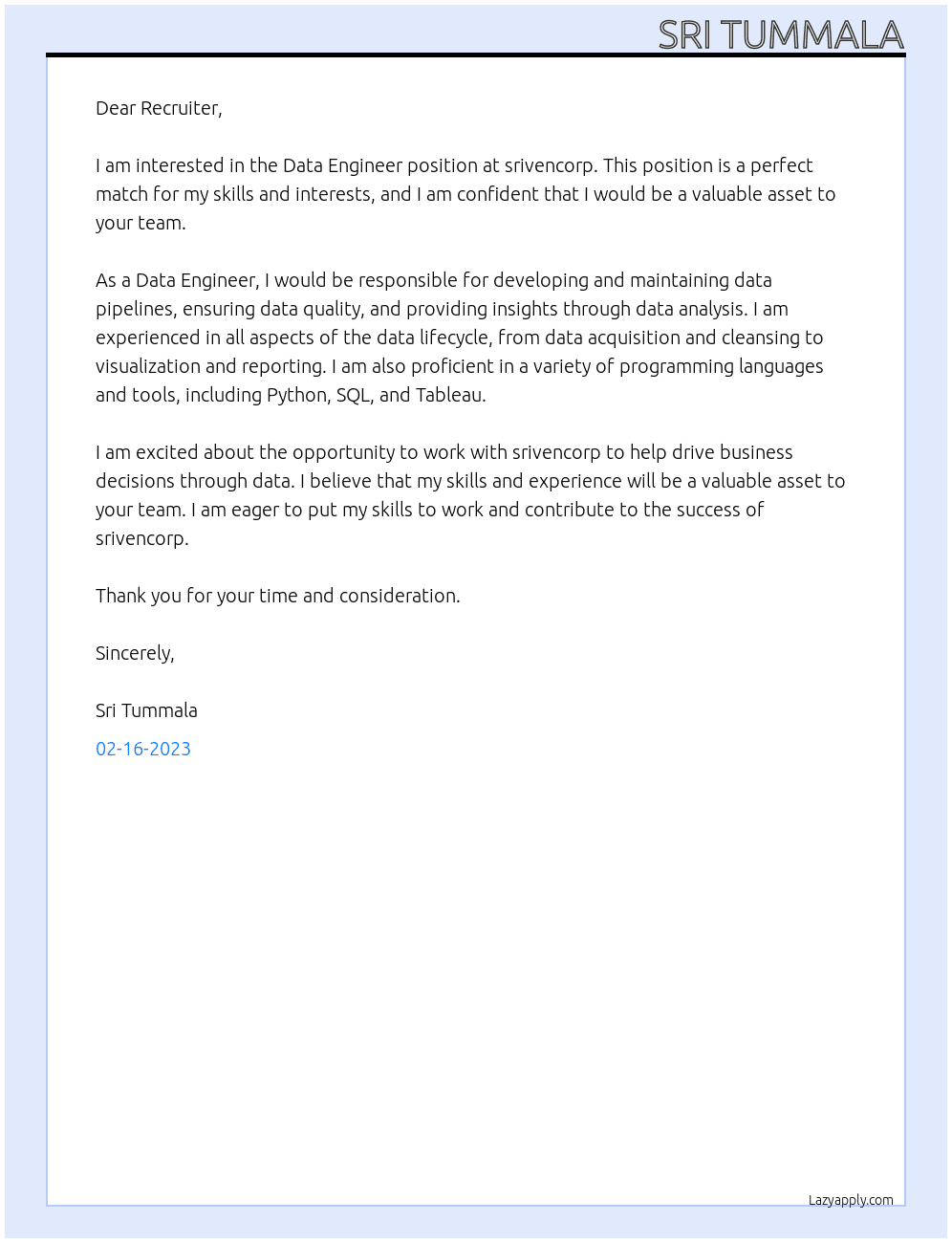 Data Engineer At srivencorp Cover Letter