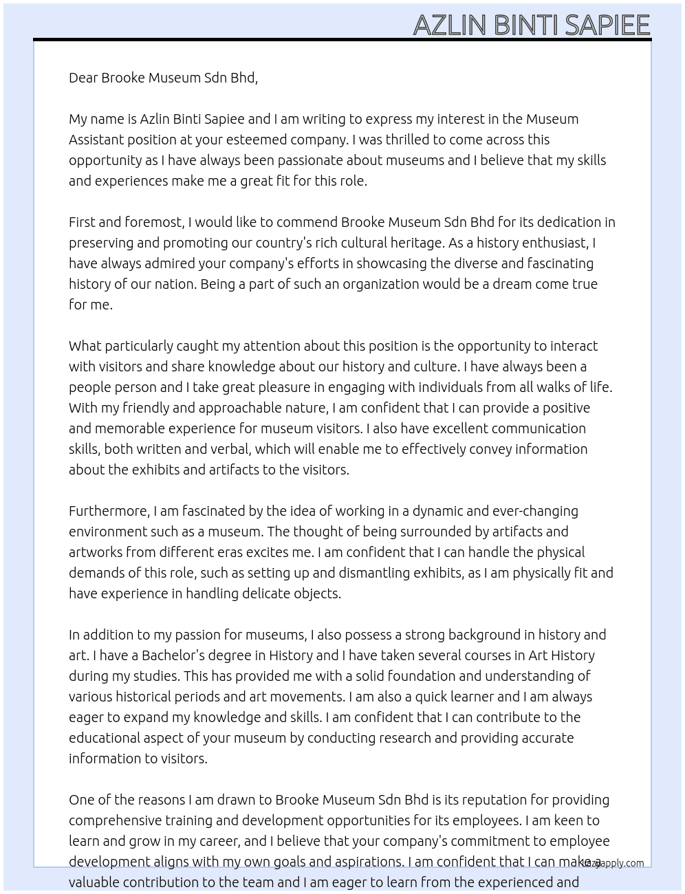 Museum Assistant At Brooke Museum Sdn Bhd Cover Letter