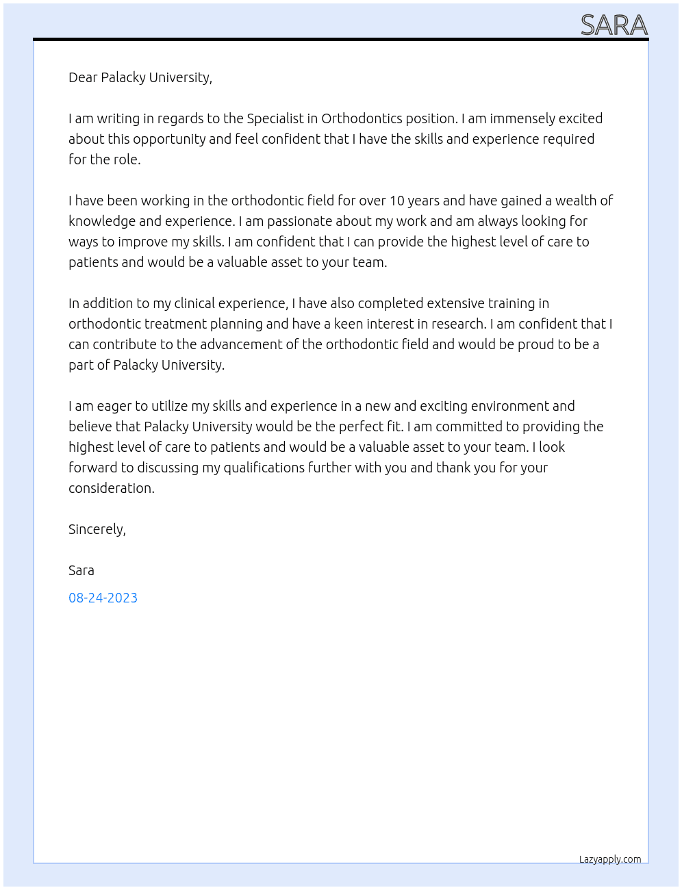 Specialist in Orthodontics At Palacky University Cover Letter