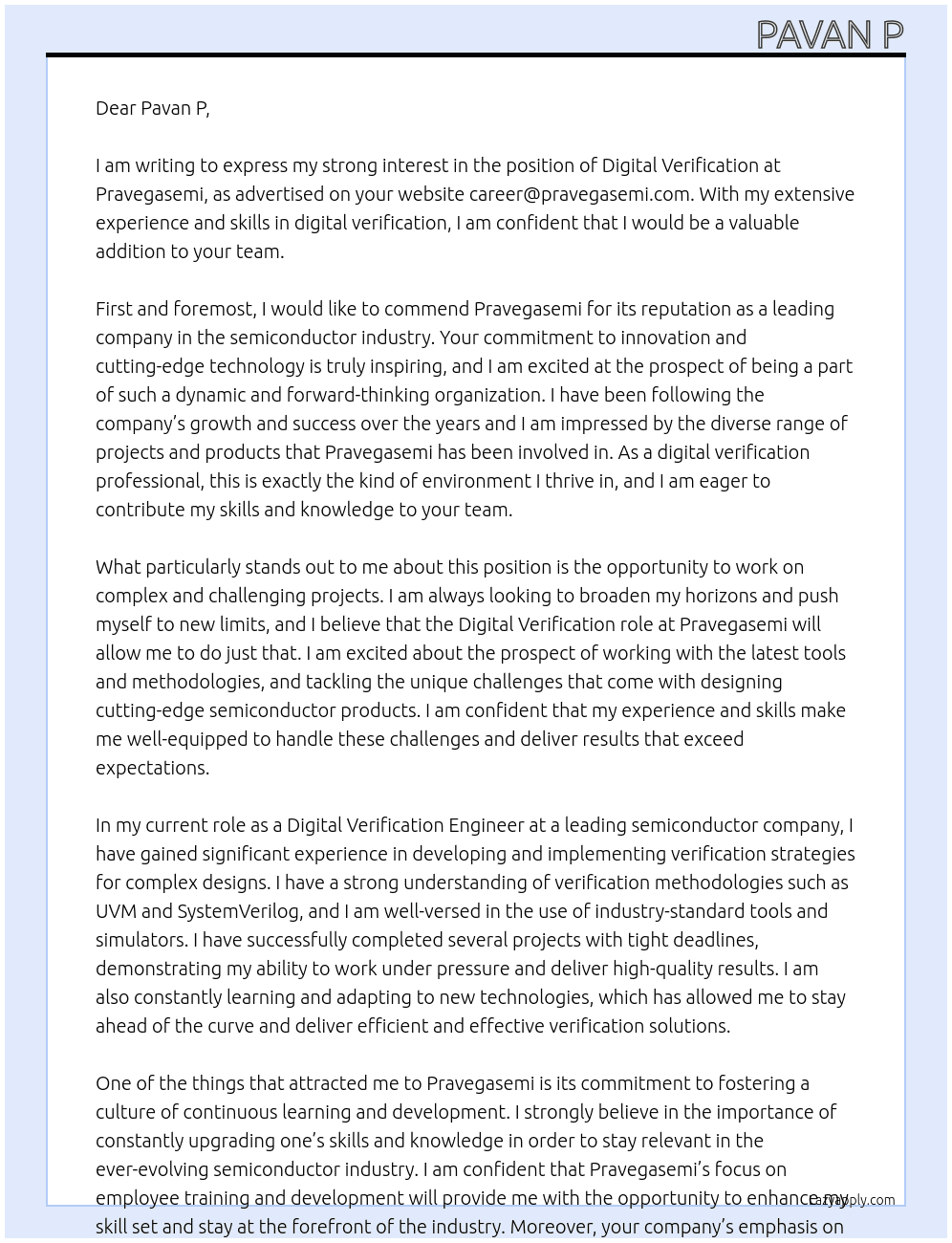 Digital Verification At Pravegasemi Cover Letter