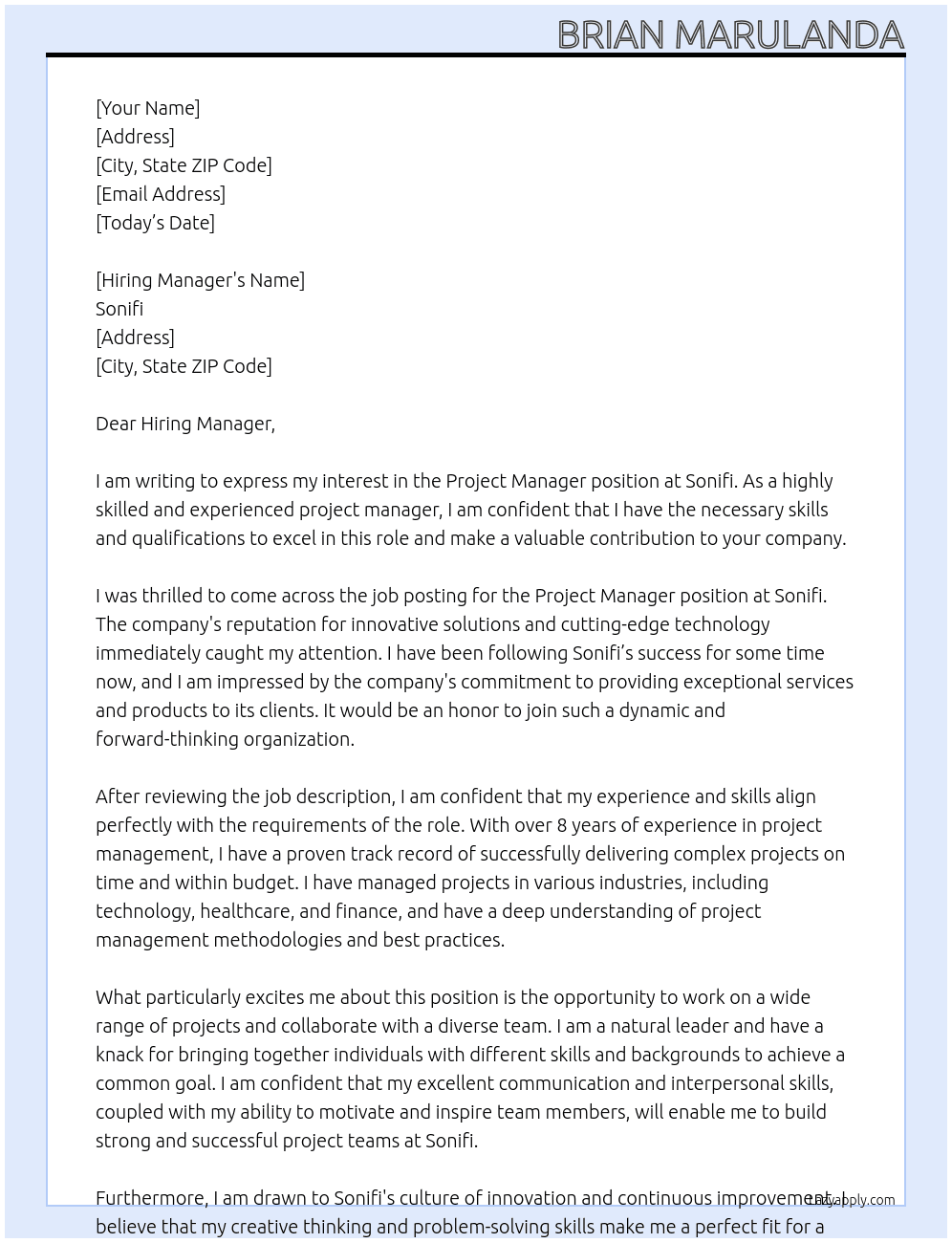 Project Manager At Sonifi Cover Letter