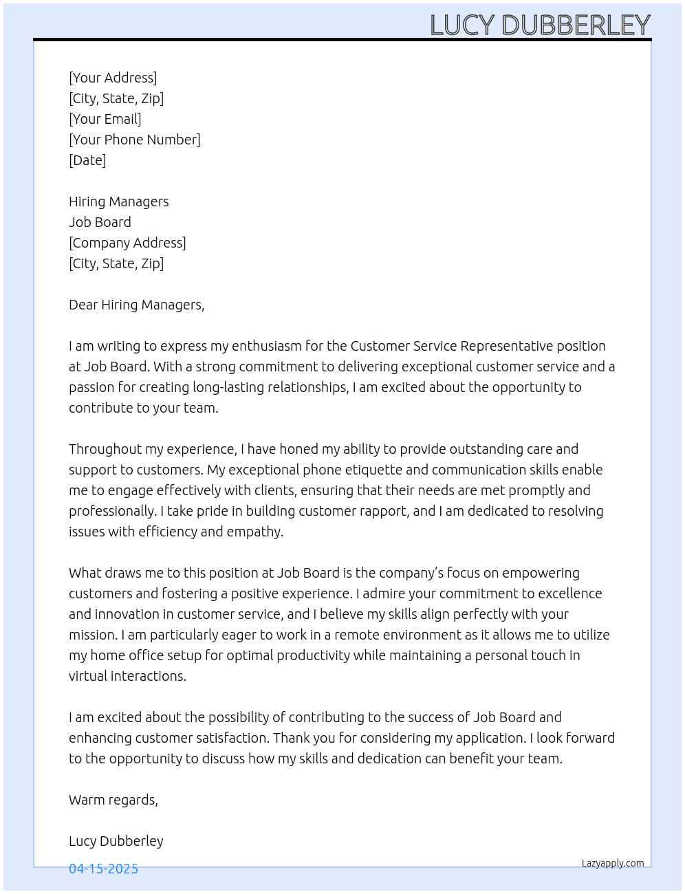 Customer service representative  At Job board Cover Letter