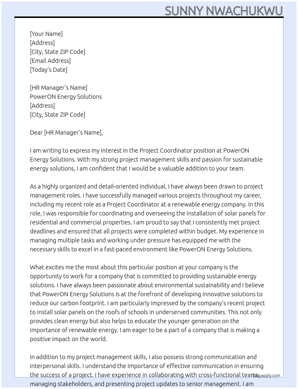 Project Coordinator At PowerON Energy Solutions Cover Letter