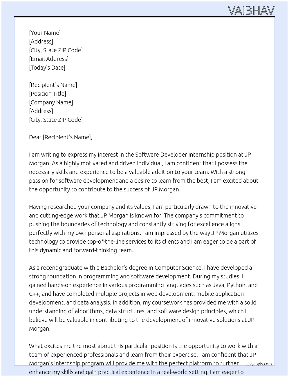 Software developer internship At Jp morgan Cover Letter