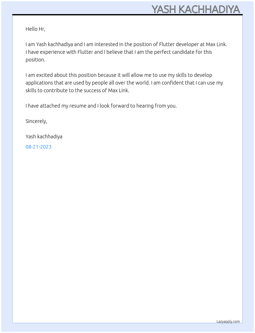 Flutter developer  At Max Link Cover Letter