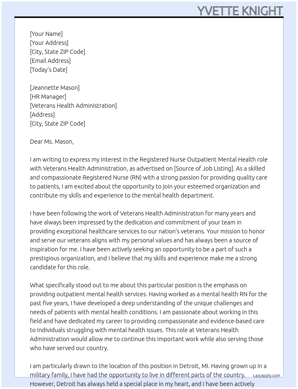 RN At Veterans Health Administration Cover Letter