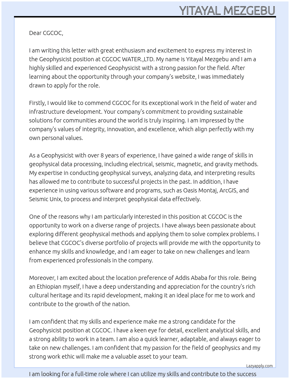 Geophysict At CGCOC WATER.,LTD. Cover Letter
